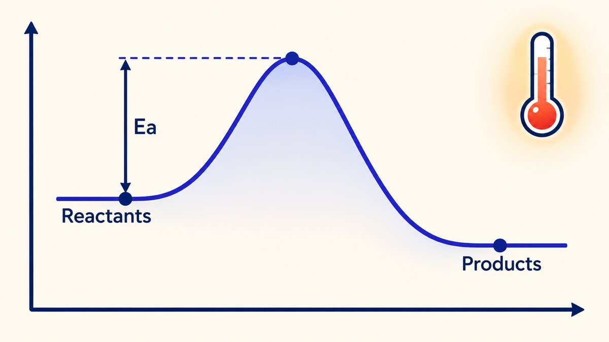 Reaction energy profile: a curve rises from the Reactants level over an energy barrier to the Products level, with the activation energy Ea shown as a double-headed arrow, and a thermometer showing heat.