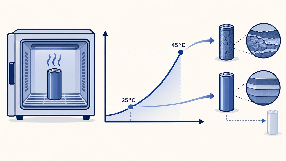 A battery cell sits inside an indigo test chamber beside a rising curve, showing how warmer testing accelerates battery ageing.