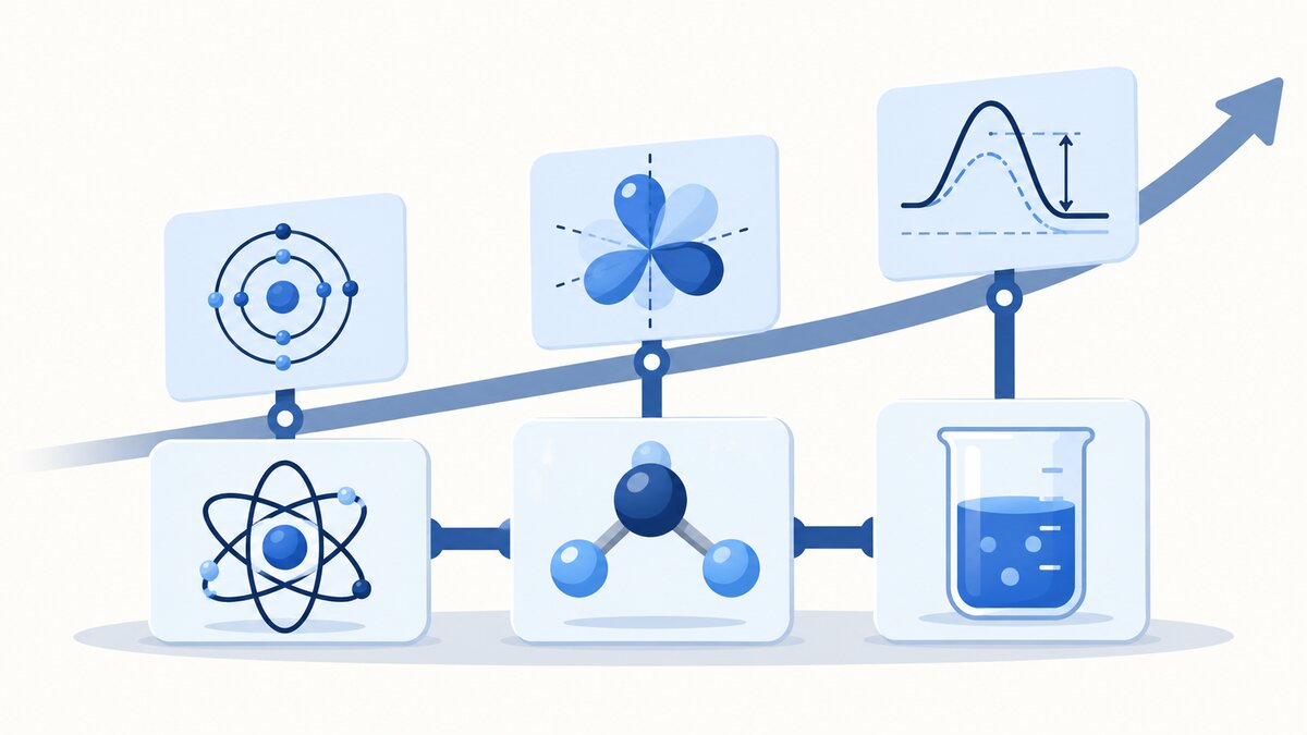 Flat indigo illustration of chemistry concept tiles supporting a higher tier of challenging problems along one rising path, showing deeper study built on a solid foundation.