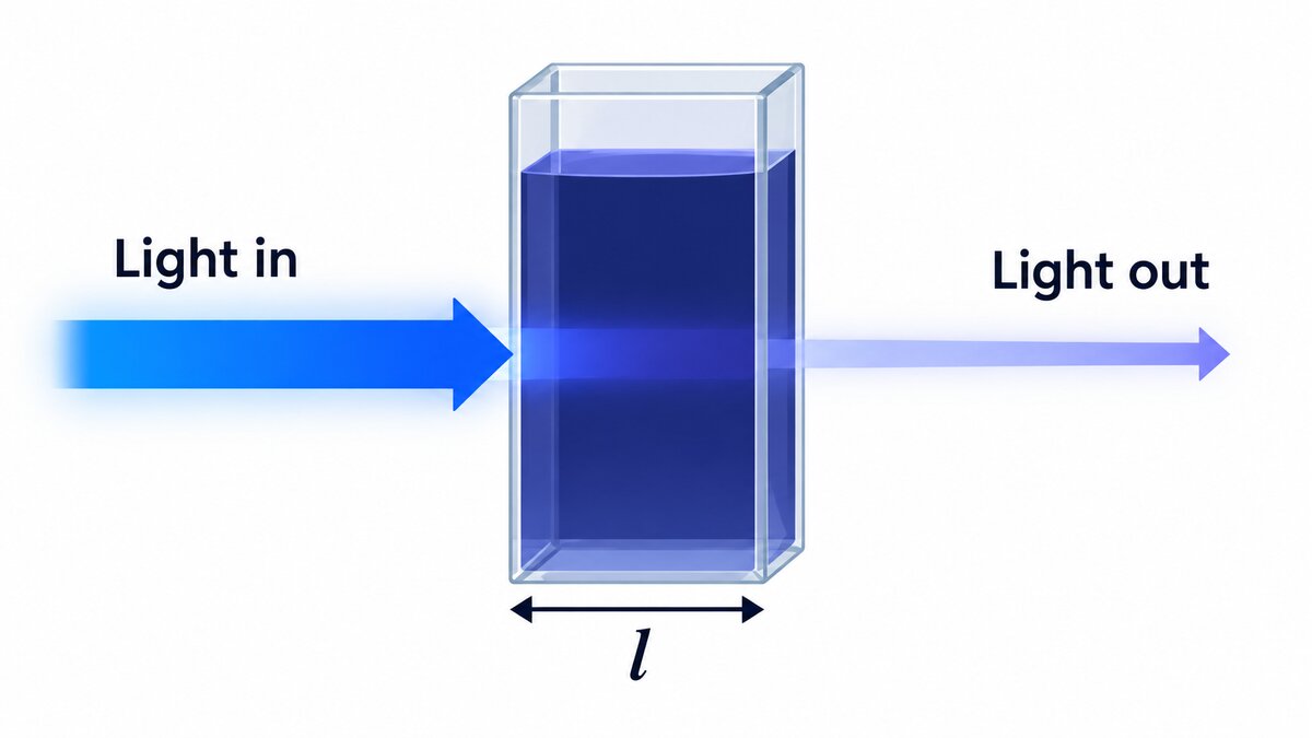 A bright beam labelled Light in enters a cuvette of coloured solution of path length l and leaves as a dimmer beam labelled Light out.