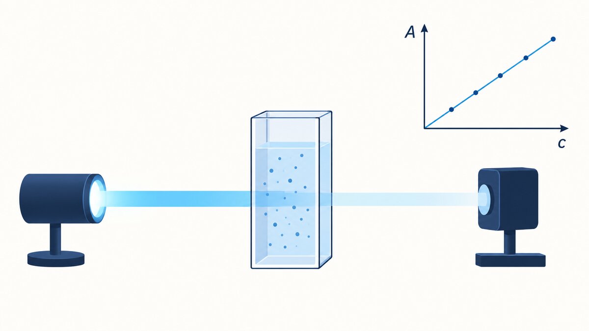 A transparent cuvette with a pale sample absorbs part of a horizontal light beam before the remaining beam reaches a detector, beside a rising calibration line.