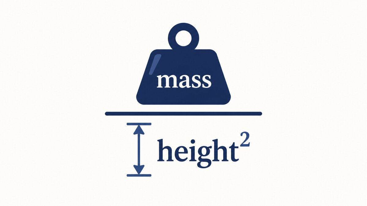 A flat indigo and navy diagram on a light background shows mass divided by height squared as a simple fraction.