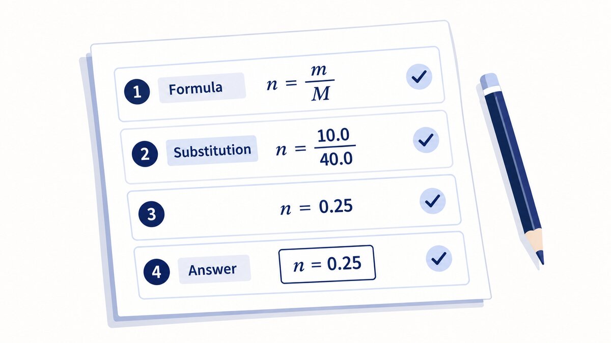 A navy exam sheet shows chemistry work arranged in separate steps, with check marks beside them and the final answer boxed.