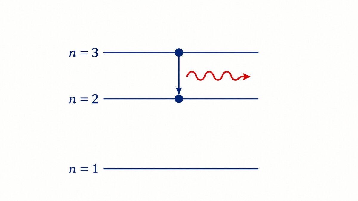 A Bohr energy-level diagram shows n = 1, n = 2, and n = 3, with a downward transition from n = 3 to n = 2 releasing a red photon.