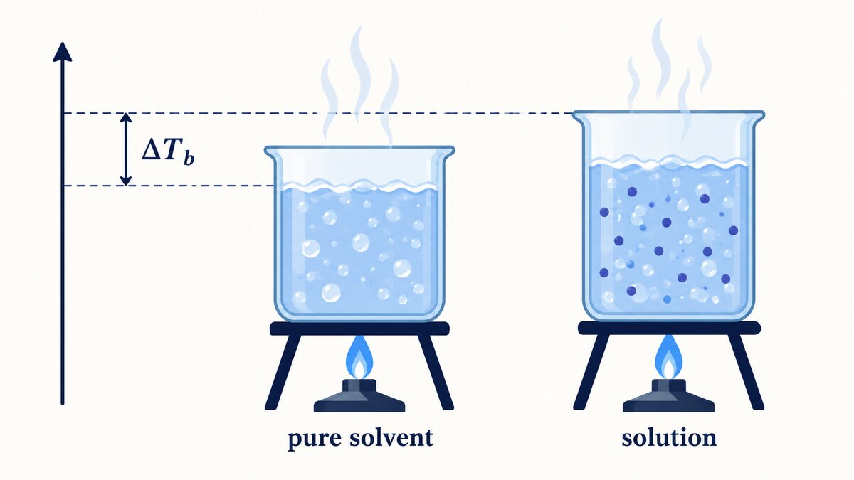 Two beakers show a solution boiling above a pure solvent, with a temperature axis marking the boiling point elevation.