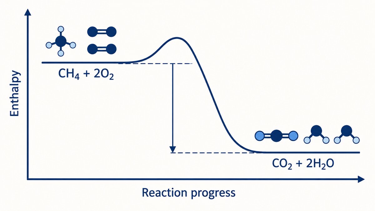 A navy reaction energy diagram shows CH₄ + 2O₂ rising over a hump before dropping to a lower CO₂ + 2H₂O energy level.