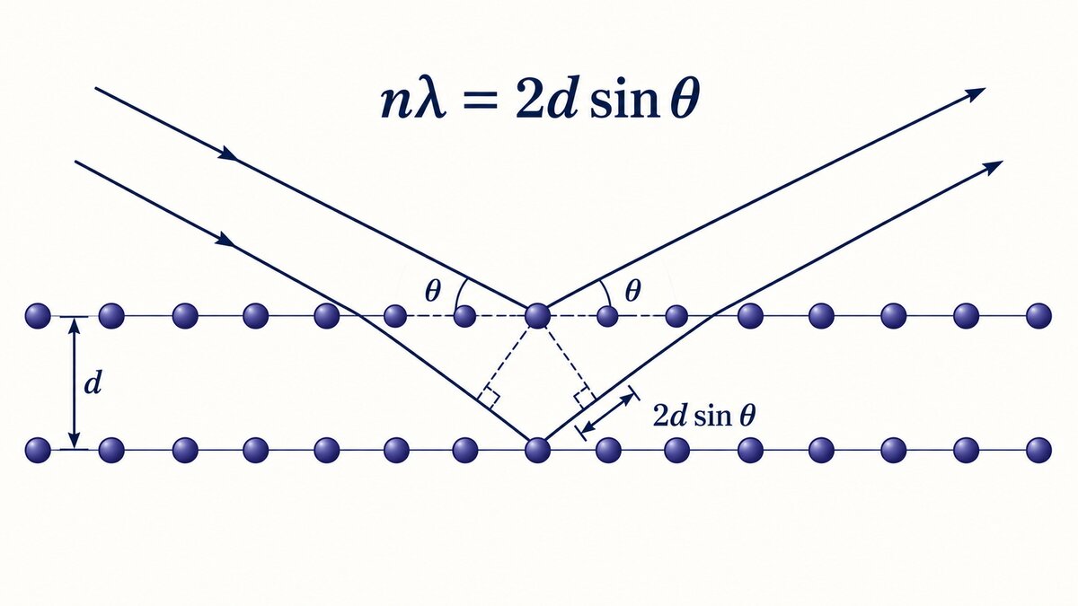 Two parallel crystal planes with atoms show incoming and reflected X-ray rays, the spacing d, path difference 2d sin θ, and Bragg’s law.
