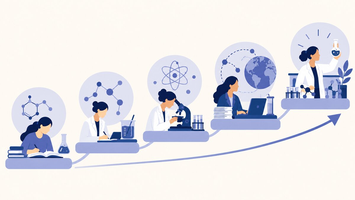 Flat indigo illustration shows a connected path from chemistry study and lab work through graduate research and postdoctoral work to an independent scientist.