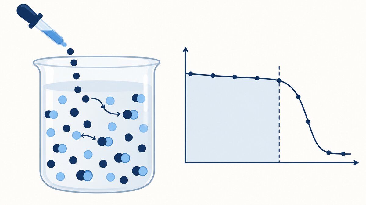 Flat indigo illustration of acid particles entering a beaker and being absorbed by buffer particles, beside a curve that drops sharply when the buffer is exhausted.