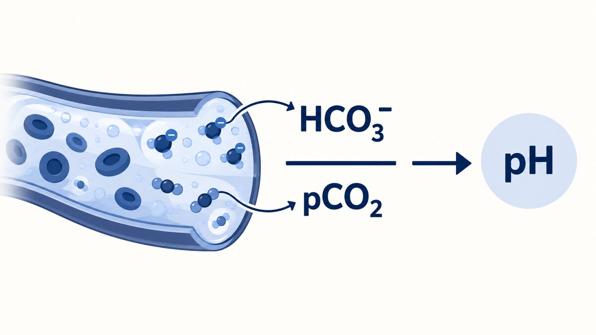A light-background indigo illustration shows bicarbonate over carbon dioxide pressure as a ratio linked to blood pH, beside a simple plasma vessel.