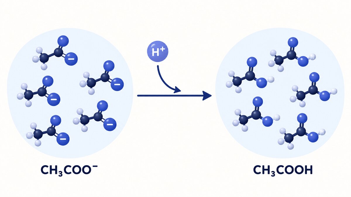 A single H⁺ joins acetate ions, shown by an arrow converting CH₃COO⁻ into CH₃COOH against a light background.