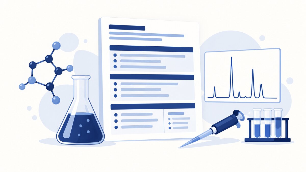 A structured CV sheet with section bars sits beside a chemistry flask and a simple instrument trace on a light background.
