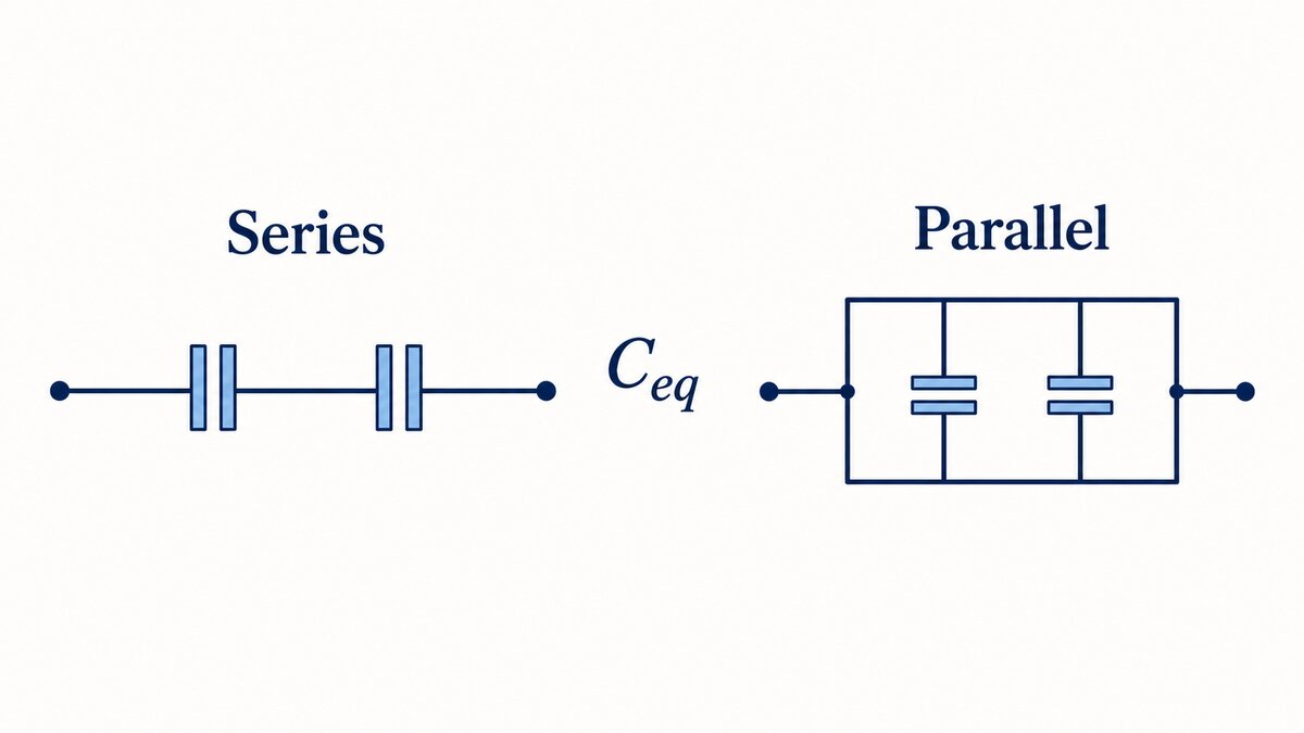 Flat indigo and navy illustration on a light background showing two capacitors connected in series and two on parallel branches, labeled Series, Parallel, and C eq.