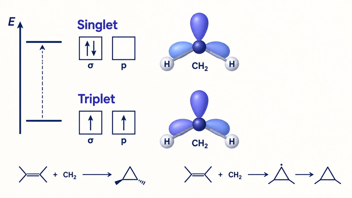 A two-state orbital diagram of CH₂ shows paired electrons in the singlet and parallel electrons in the lower-energy triplet.