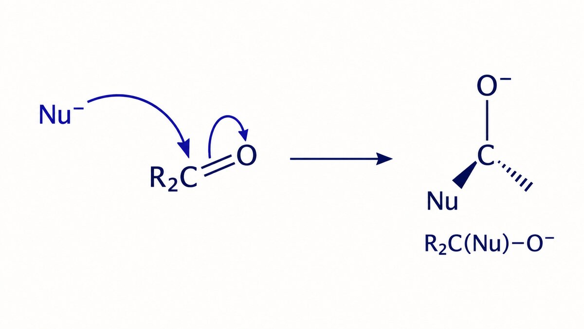 A nucleophile approaches a carbonyl carbon as the C=O electrons shift to oxygen, forming a tetrahedral alkoxide intermediate.