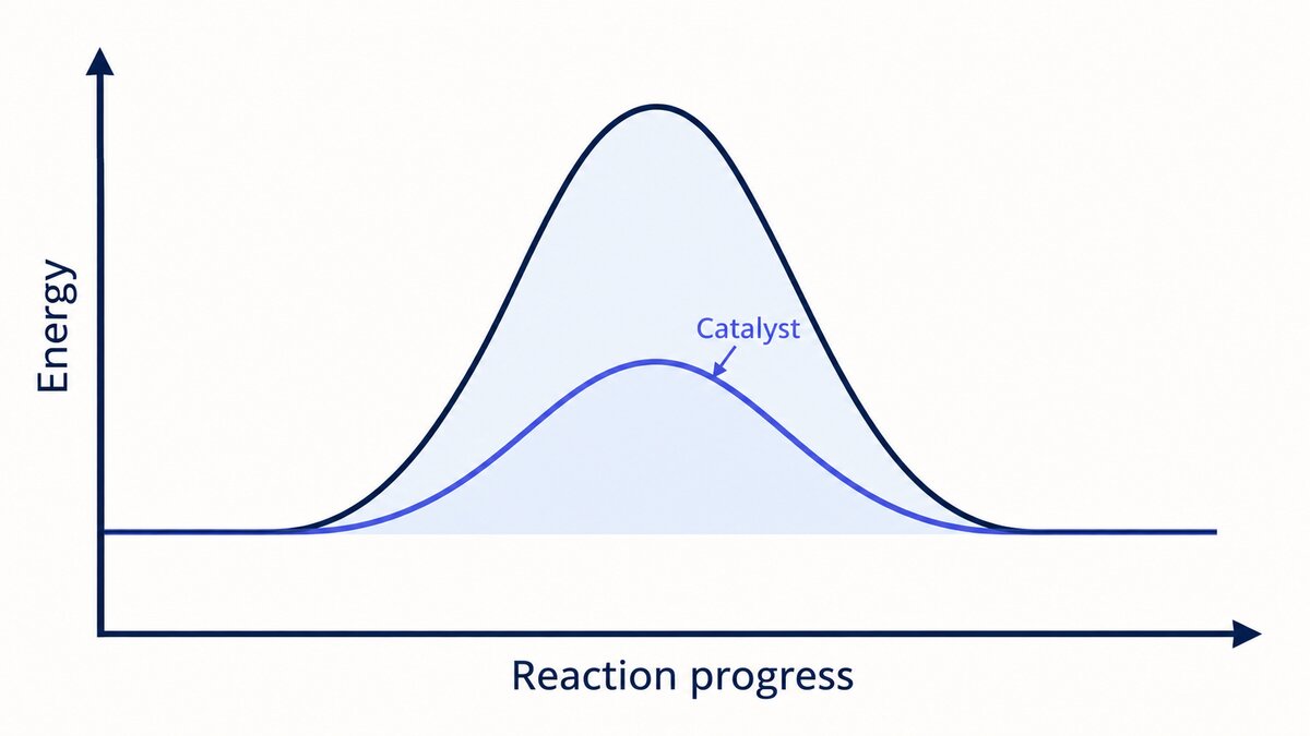 A flat indigo and navy energy profile shows a lower catalysed pathway and a higher uncatalysed pathway between reactants and products at the same energy.