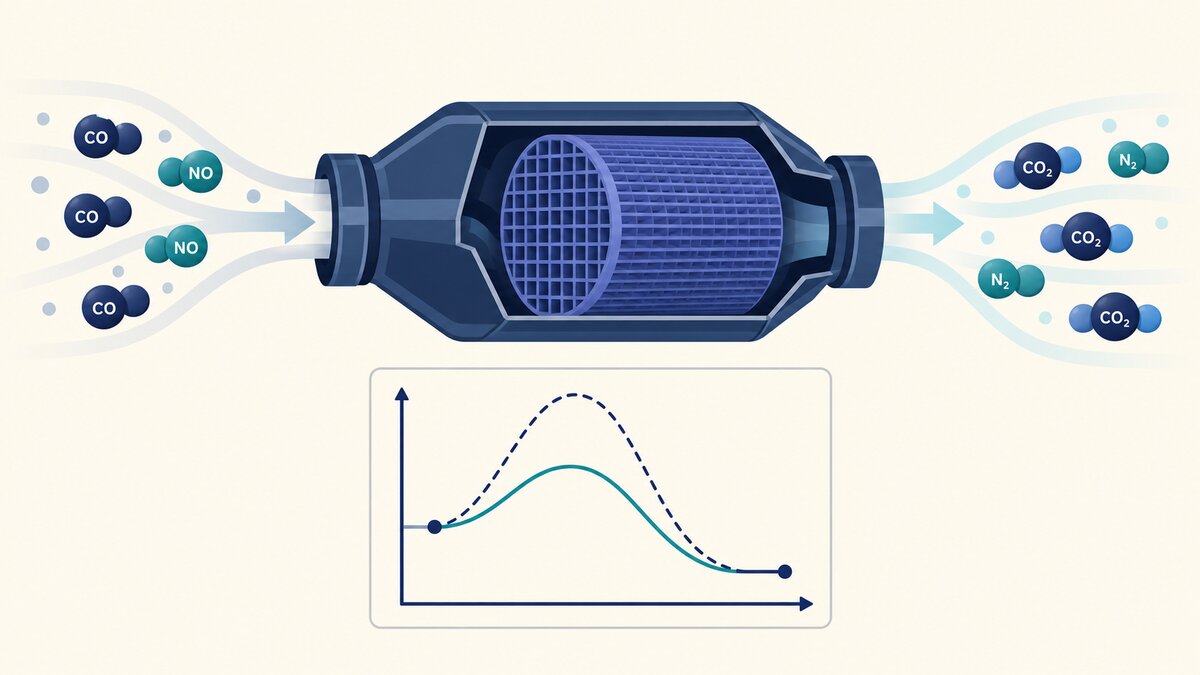 Flat indigo illustration of a catalytic converter with exhaust molecules flowing through a honeycomb core and an inset energy profile showing a lower catalysed barrier.