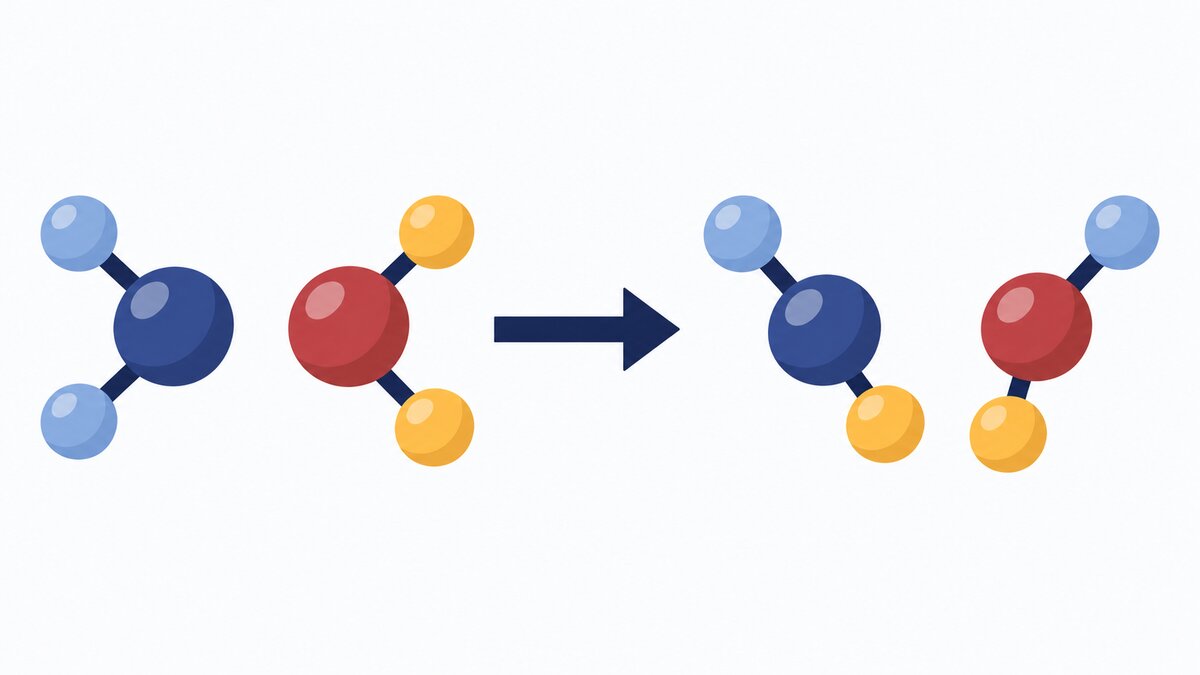 A flat chemistry diagram shows colored atoms rearranging from molecule clusters on the left into new clusters on the right, with each atom type conserved.