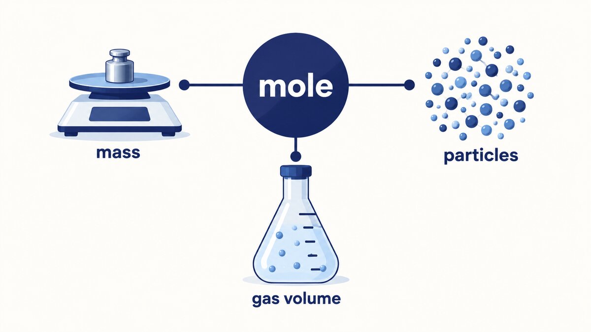 A central indigo mole circle connects a balance, a cluster of particles, and a gas vessel on a light background.