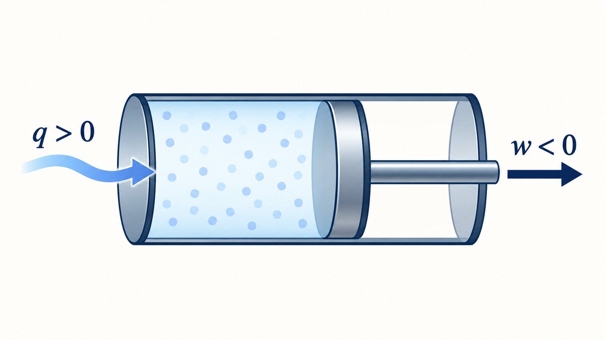 Flat indigo and navy illustration of a gas expanding as a piston moves outward, with a heat arrow entering the system and a work arrow pointing out.