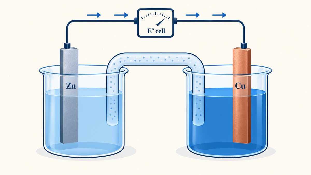 Flat indigo and navy diagram of a Daniell cell with zinc and copper electrodes in beakers, a salt bridge, and a wire connected to a voltmeter.