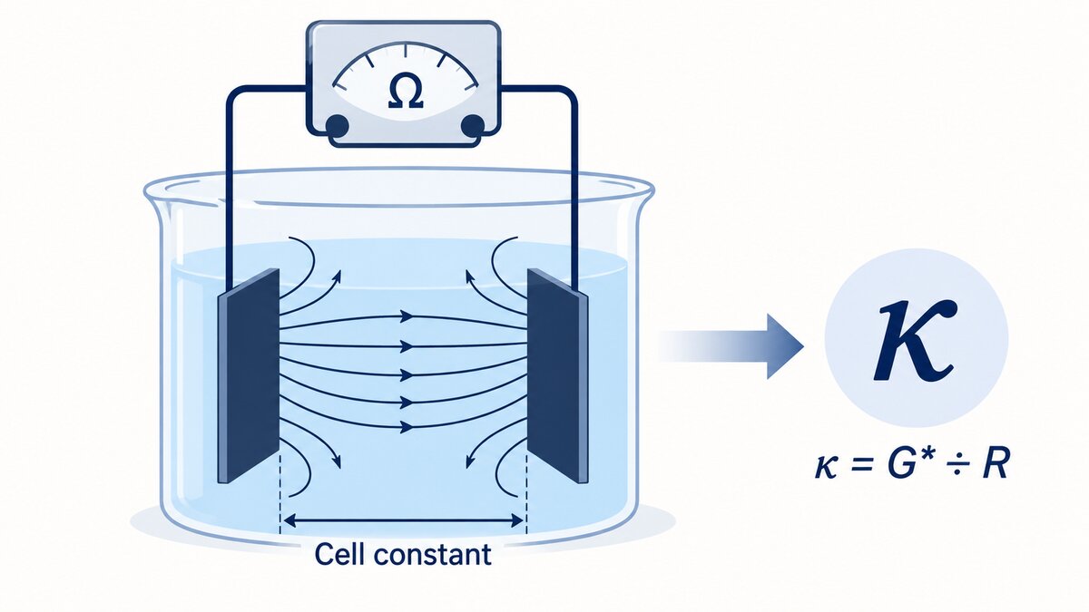 A conductivity cell with two parallel electrodes and bulging field lines connects to a meter, with an arrow linking cell geometry to conductivity.