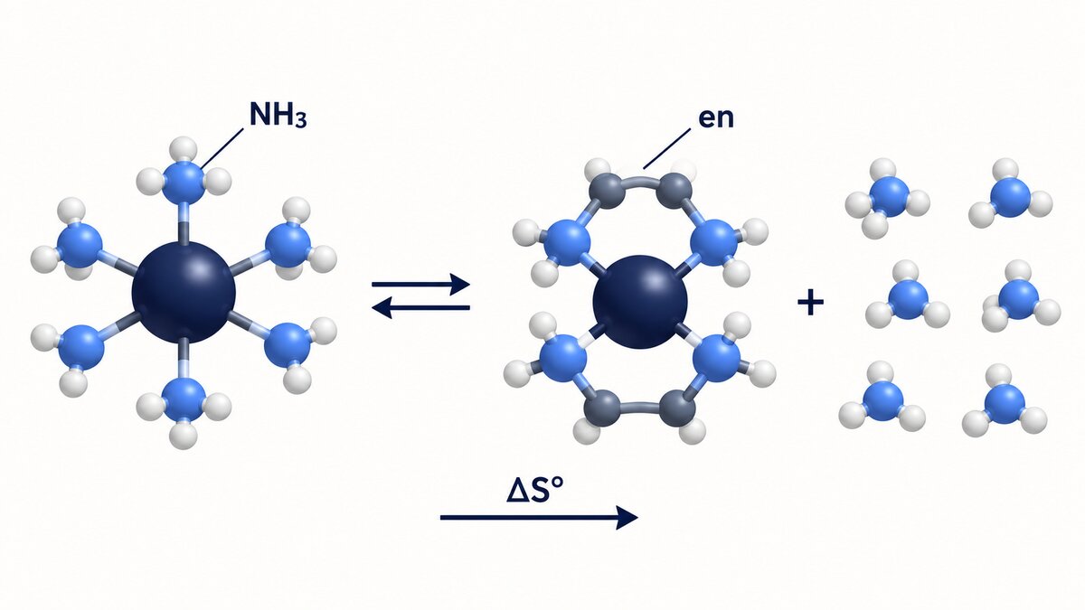 A navy metal ion is held by a ring-shaped ligand while six small ammonia particles are shown free in solution.
