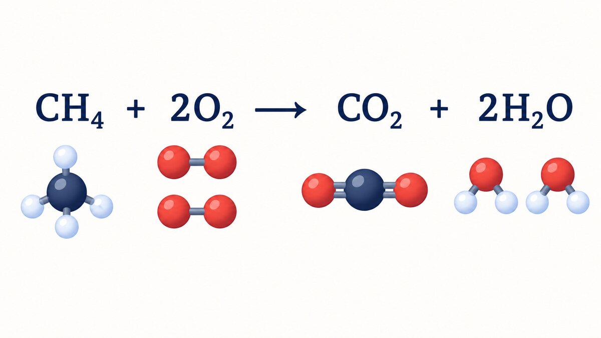 A balanced methane combustion equation, CH₄ + 2O₂ → CO₂ + 2H₂O, with colored atom circles showing matching counts on both sides.
