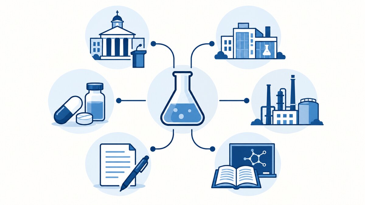 A central chemistry flask branches into six indigo icons: a university, research lab, pill and vial, factory, document with pen, and teaching book.