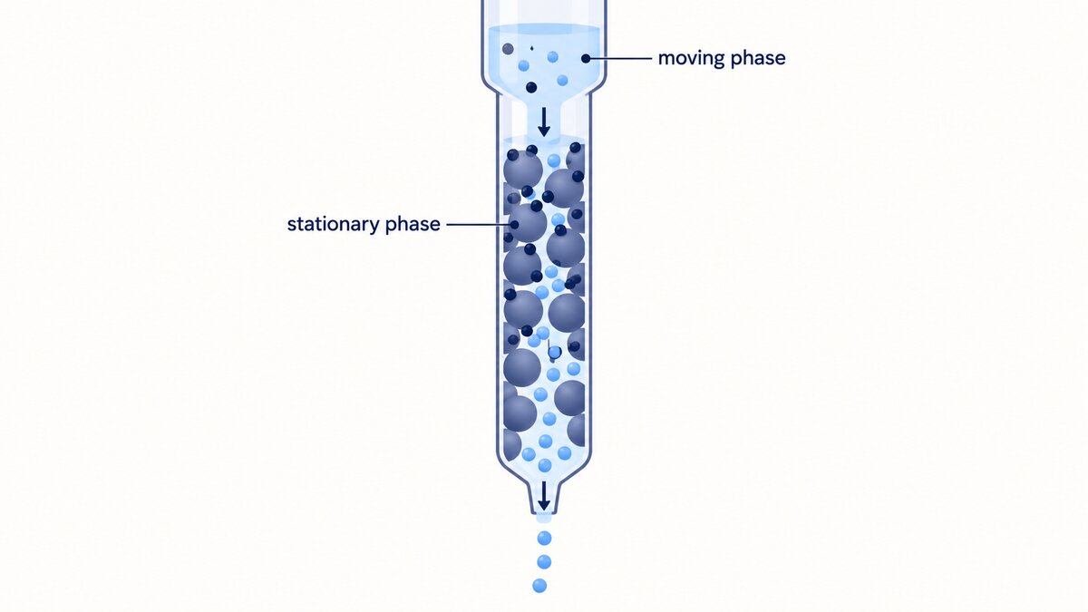 A flat indigo chromatography column shows analytes binding to stationary beads while others travel downward with the flowing phase.