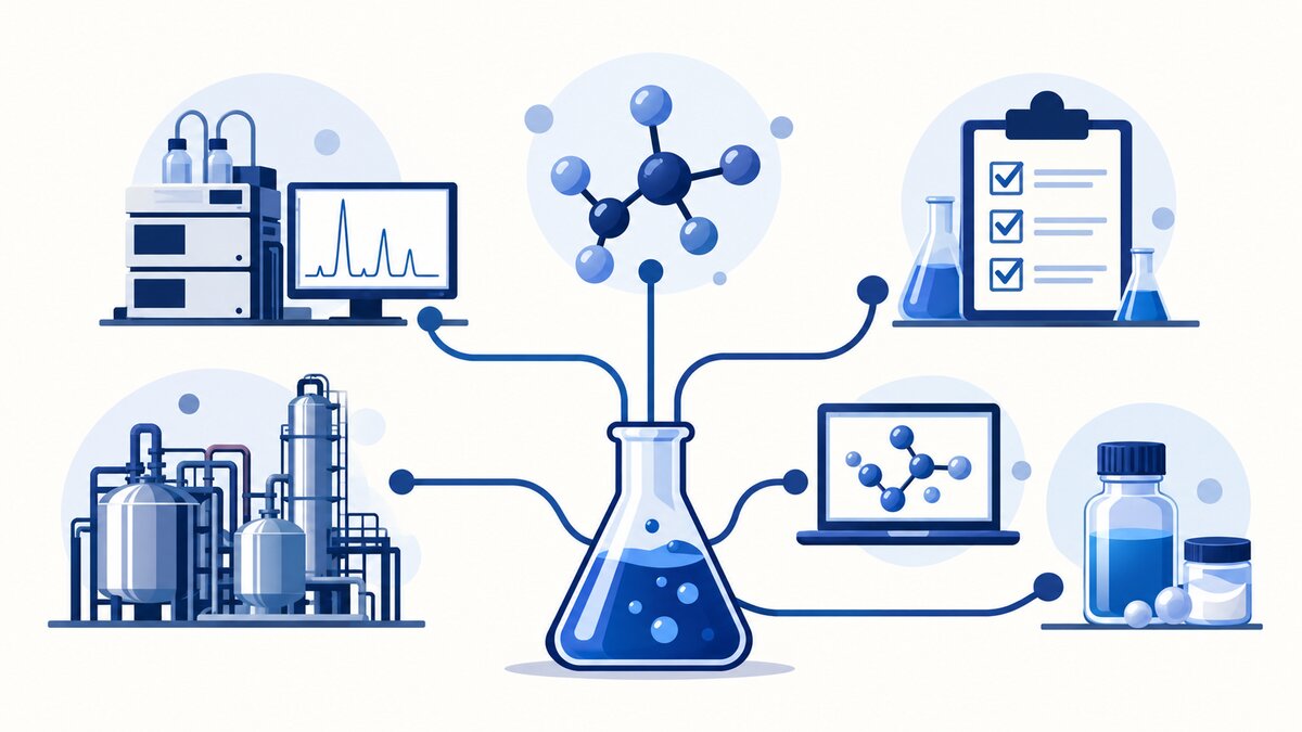 A central chemistry flask branches toward an analytical instrument, factory vessels, quality checklist, molecule data screen and product vial on a light background.