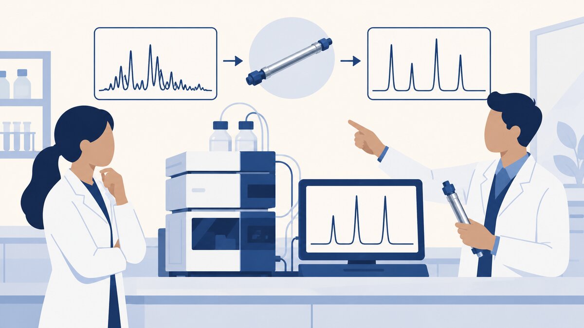 A faceless chemistry specialist points out a chromatography column as a customer compares messy and clean chromatogram peaks beside a lab instrument.