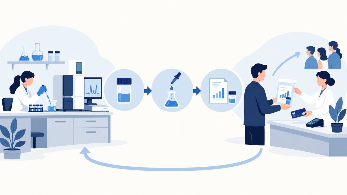 A schematic chemistry service lab links a beaker and instrument through a repeatable workflow to a customer receiving a result and making a payment.