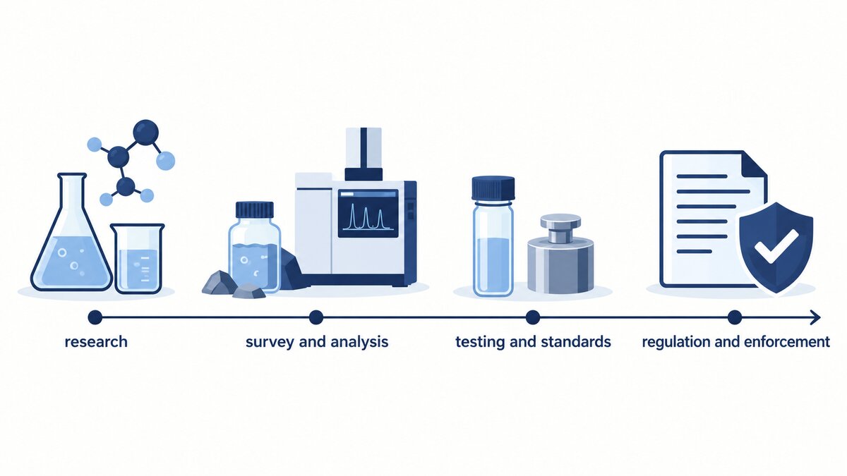 A left-to-right spectrum links a molecular research icon, water and mineral analysis, sample testing against a standard, and a regulation document.
