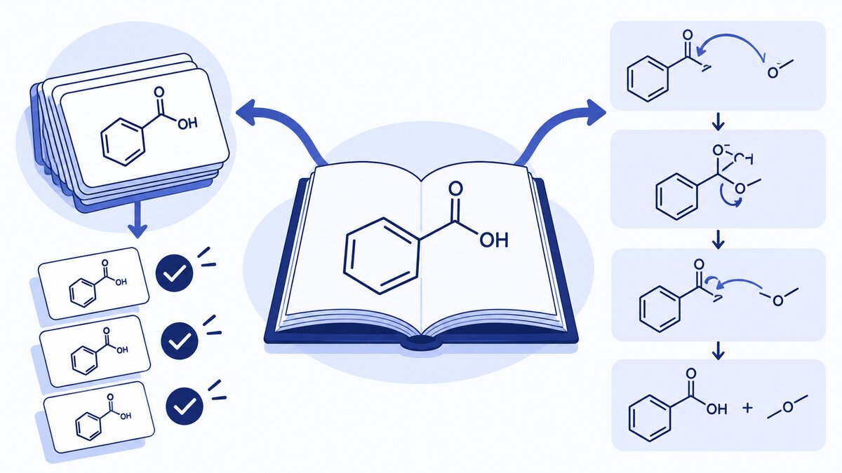 A central chemistry textbook branches into two study paths: compact flashcards with check marks on one side and a connected multi-step mechanism diagram on the other.