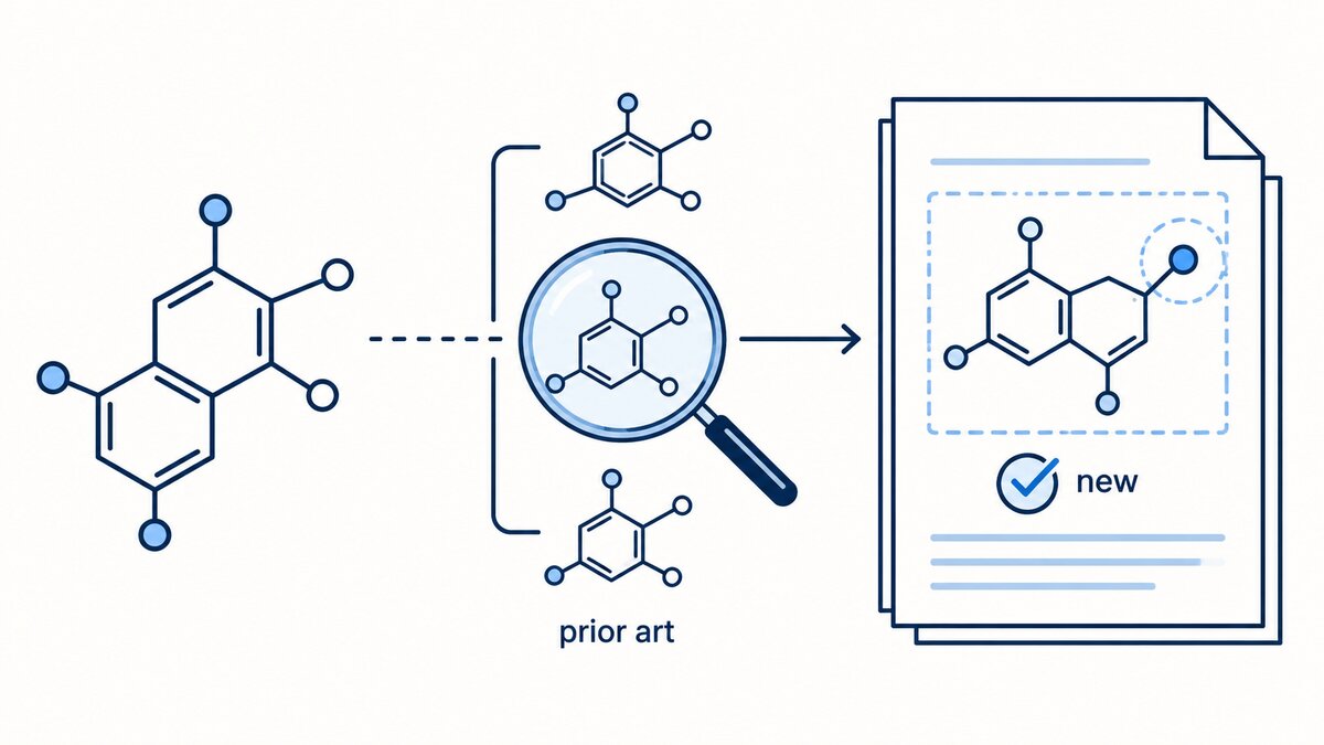 A flat indigo illustration compares a new molecular structure with earlier structures under a magnifying glass, then marks the novel feature on a patent document.
