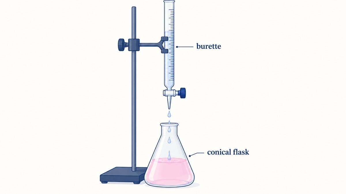 A burette releases drops into a conical flask with a pale pink solution, illustrating the chemistry practical titration setup.