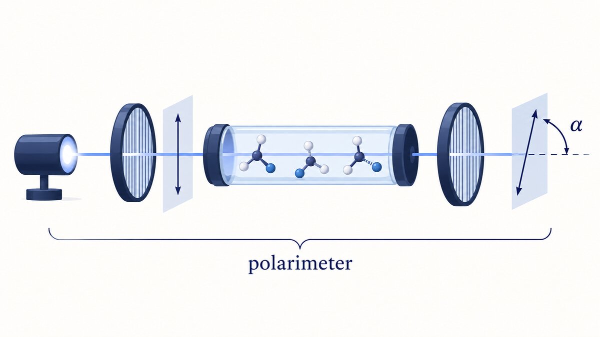 A flat indigo polarimeter sends light through a sample tube, with the output plane shown rotated by a curved arrow.