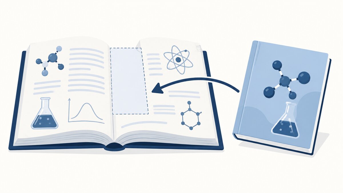 A slim indigo practice book fits a visible gap beside an open textbook, illustrating how one focused resource can fill a specific learning need.