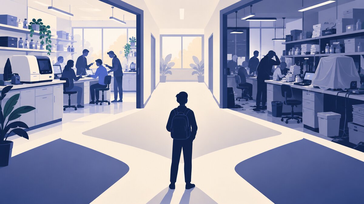 A faceless student stands at a fork between an organized research lab with accessible equipment and a crowded, cluttered lab.