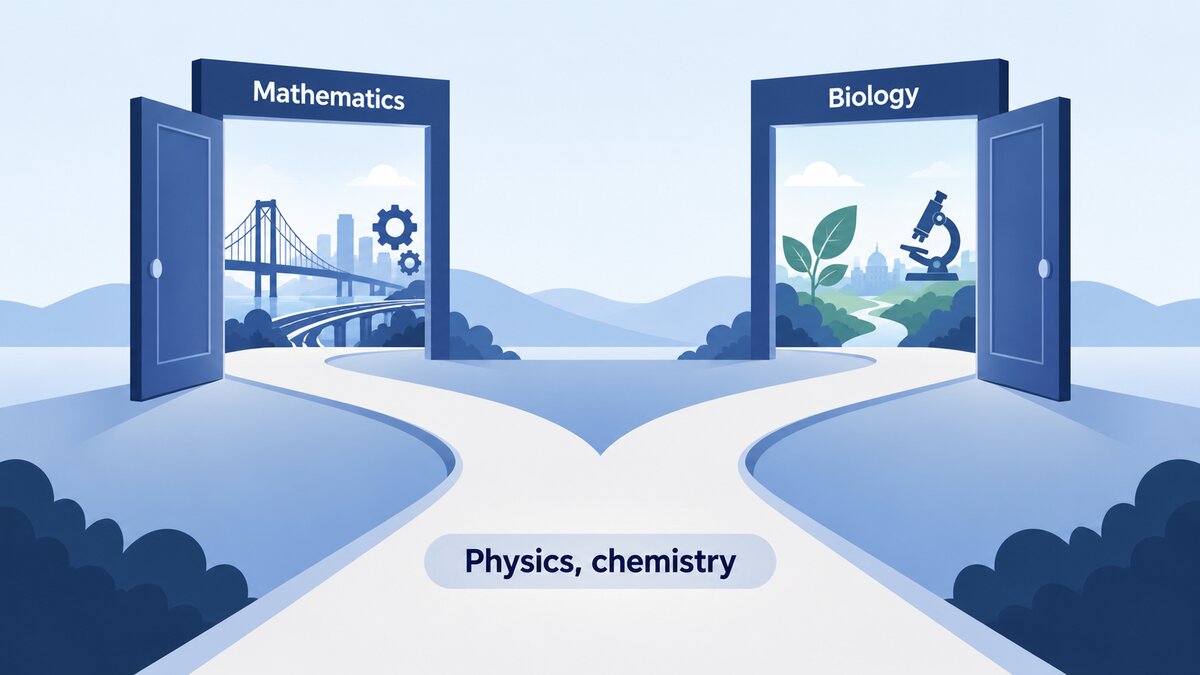 A branching pathway splits from shared physics and chemistry toward two doorways labeled Mathematics and Biology, with technical and life-science icons beyond them.