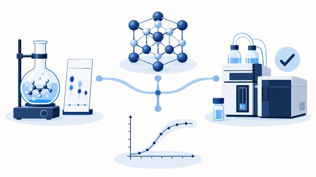 A flat indigo illustration shows four chemistry work modes: a reaction flask and TLC plate, a crystal lattice, a data curve, and an analytical instrument linked by branching paths.