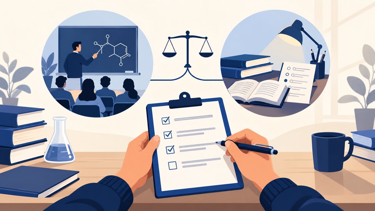 A text-free illustration shows hands comparing a checklist with classroom and self-study options on a light background.