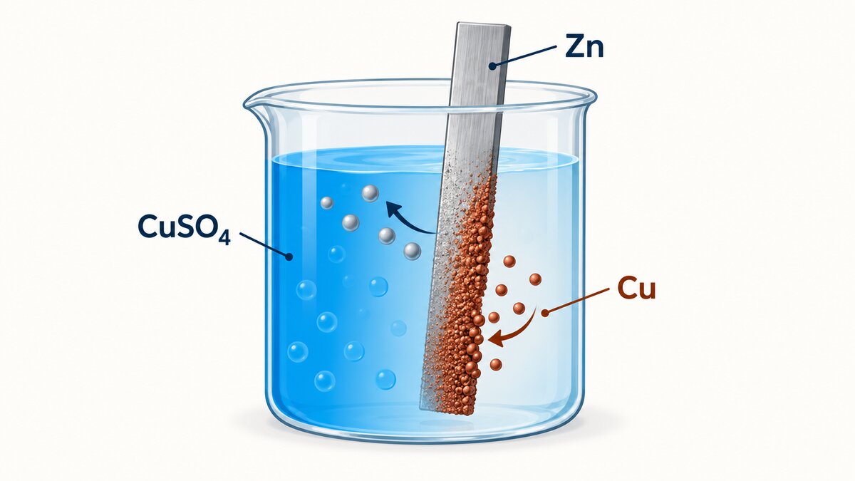 A zinc strip in blue copper sulphate solution develops a reddish-brown copper coating as the solution fades.
