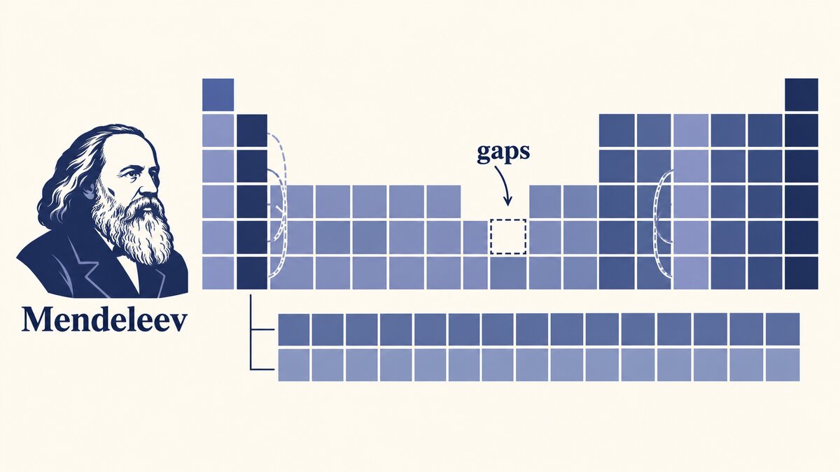 A flat indigo periodic table grid shows an empty cell among patterned columns, illustrating Mendeleev’s use of gaps to predict undiscovered elements.