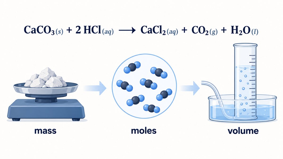 A balanced reaction leads from a measured zinc sample through molecule symbols to a graduated vessel, illustrating how Class 11 chemistry uses reactions to calculate quantities.