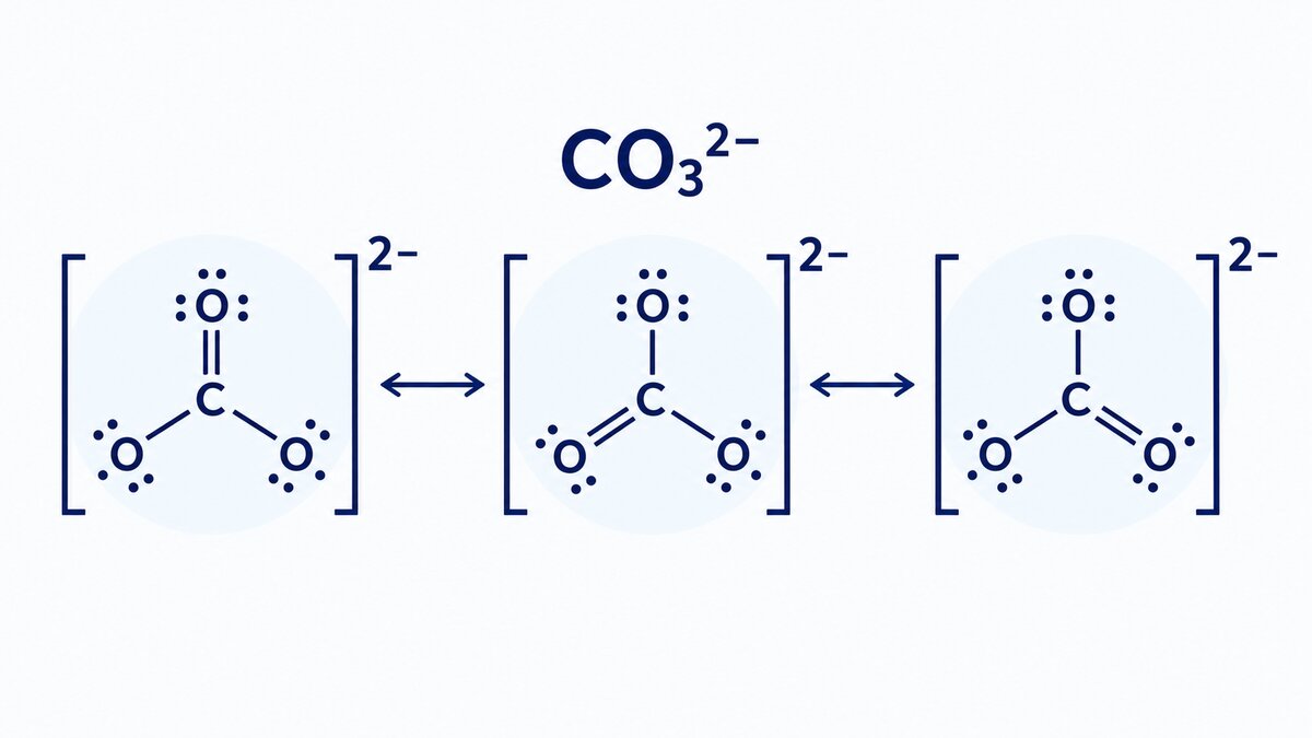 Three carbonate ion Lewis structures show the double bond in different positions, with resonance arrows between them on a light background.