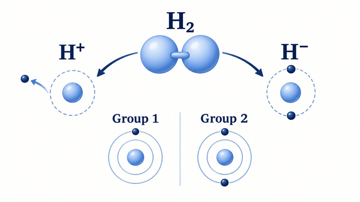A central H₂ molecule branches toward H⁺ and H⁻, above simple electron-shell diagrams for Group 1 and Group 2.