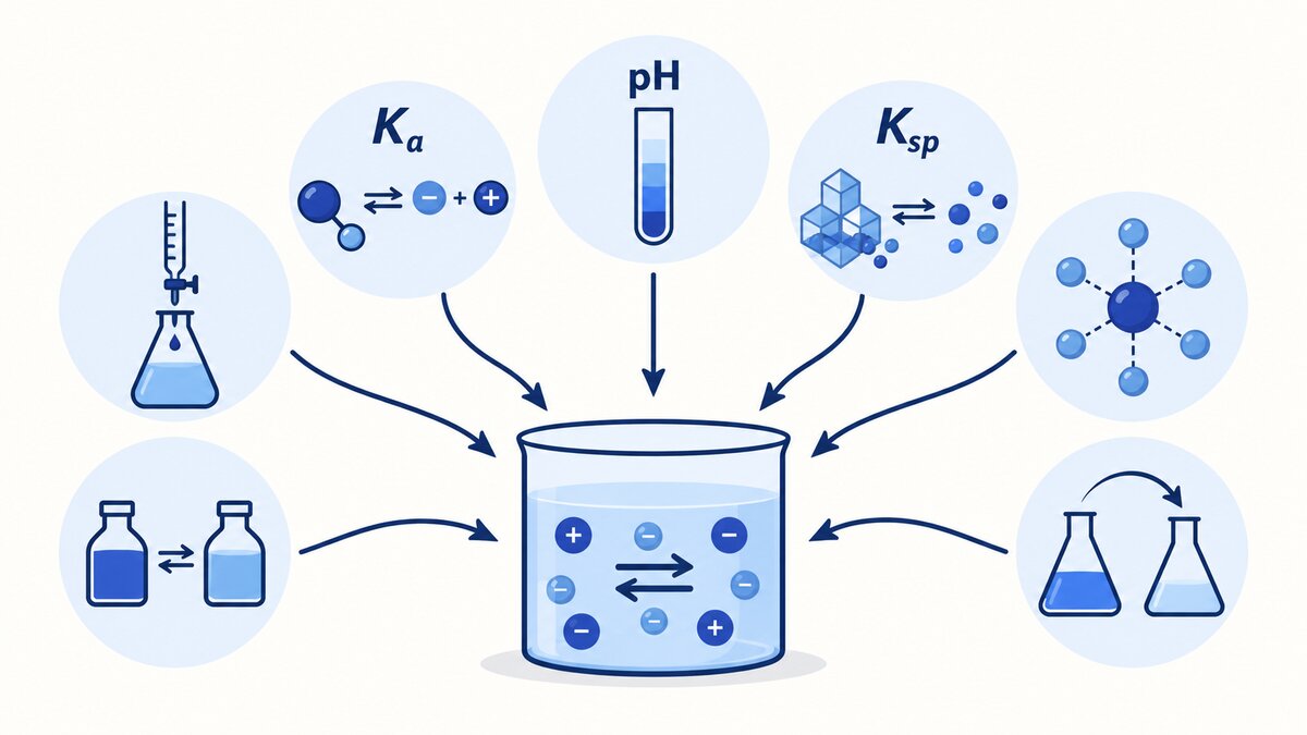 Seven indigo chemistry symbols converge on an equilibrium diagram, with pH, Kₐ, and Ksp labels on a light background.