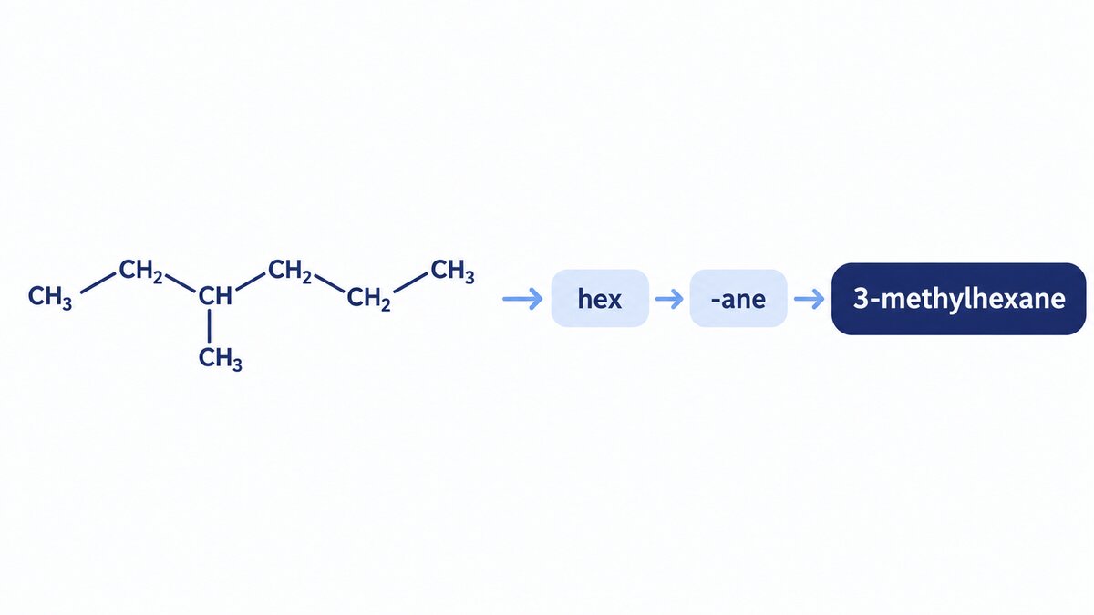 Flat indigo illustration of a branched six-carbon chain numbered toward its methyl branch, with arrows leading to the name 3-methylhexane.